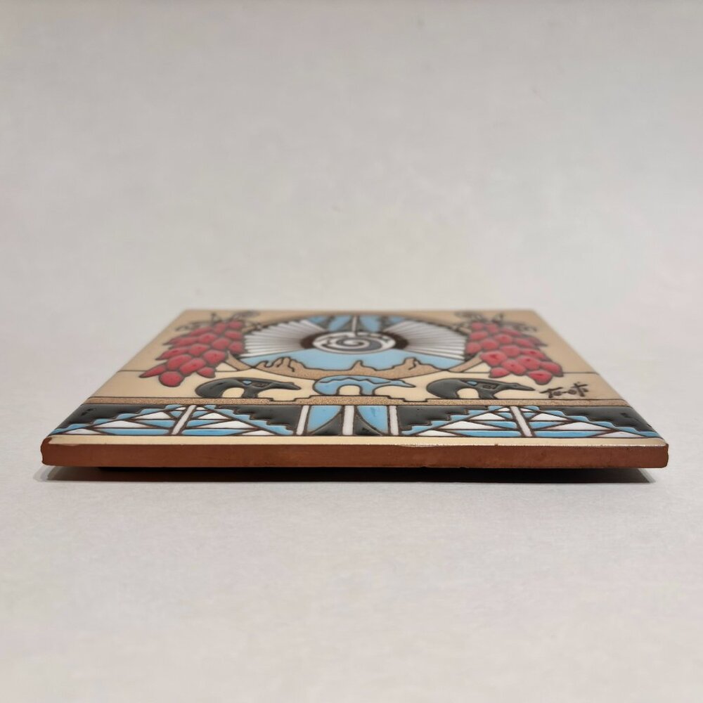 Hand Glazed Earthtones Southwestern Kiln Fired Terracotta Tile Trivet Tu-Oti 6" - Picture 9 of 14